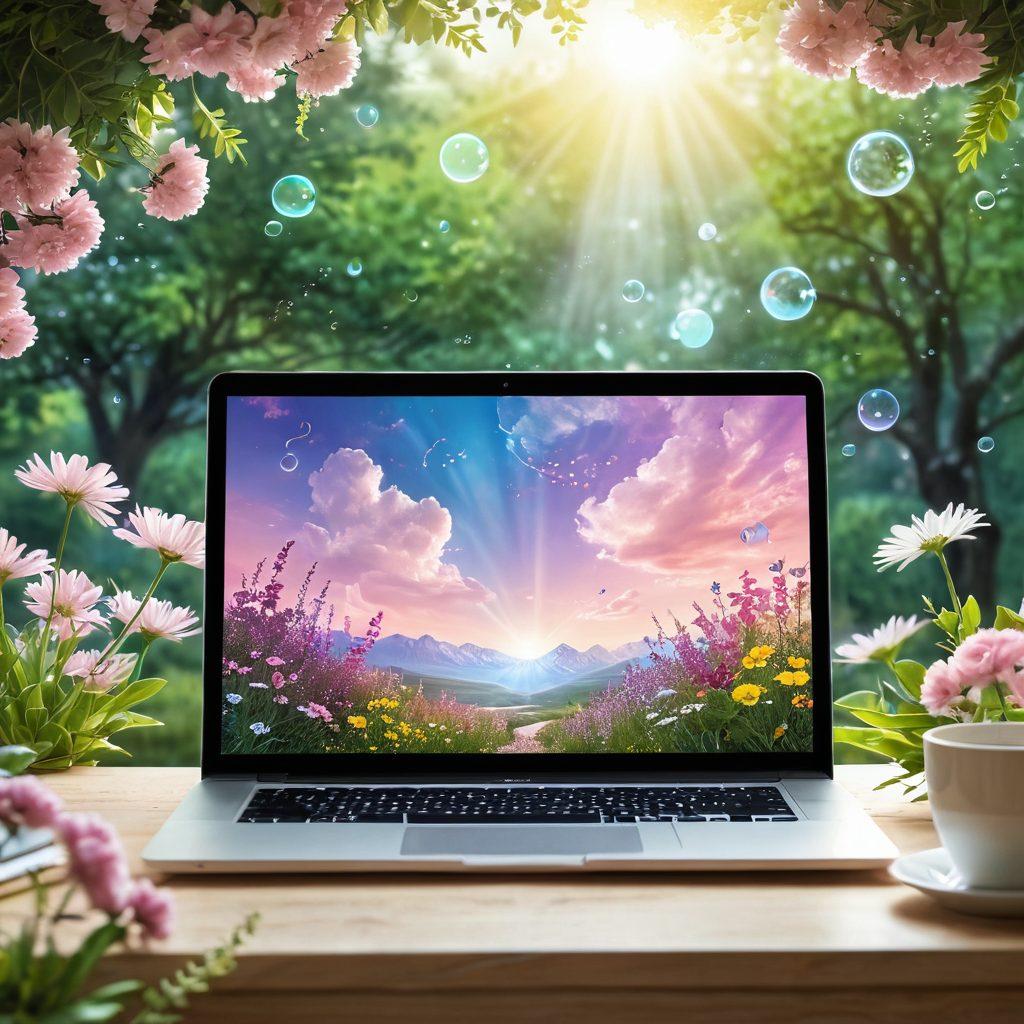 A serene digital space featuring a soft glowing laptop, surrounded by blooming flowers and calming nature elements, symbolizing the freedom of expression. Subtle thought bubbles emerge from the screen with radiant colors, representing the joyful release of emotions. The atmosphere should evoke warmth and tranquility, inviting viewers to share their thoughts. pastel colors. 3D effect. nature-inspired elements.