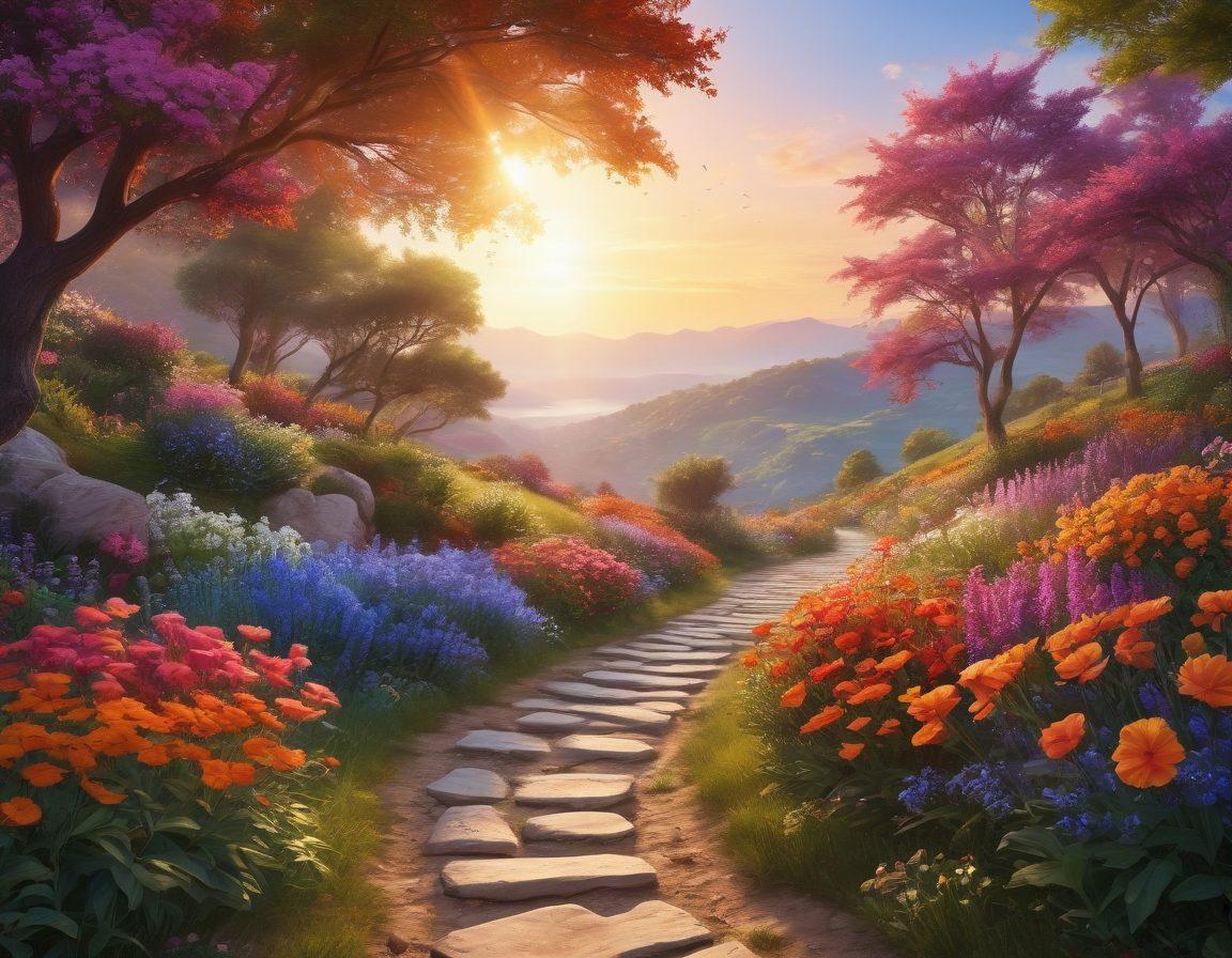 A serene landscape featuring a winding path leading towards a radiant sunrise, symbolizing personal growth and happiness. Along the path, colorful flowers represent diverse feedback experiences, while a figure delicately gathers and transforms the petals into butterflies, embodying transformation. The scene is infused with bright, uplifting colors, creating an atmosphere of joy and optimism. super-realistic. vibrant colors. peaceful scenery.