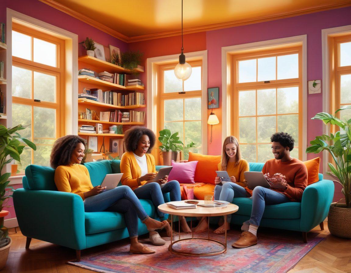 A cozy scene depicting diverse individuals happily sharing content on their devices in a warm, inviting environment. Their expressions radiate joy and satisfaction, surrounded by colorful digital elements symbolizing online expression like chat bubbles and social media icons. The background features a serene, sunlit room filled with plants and books, enhancing a sense of contentment. Bright and vibrant colors create an uplifting atmosphere, inviting the viewer to feel the joy of sharing. super-realistic. vibrant colors. cozy ambiance.